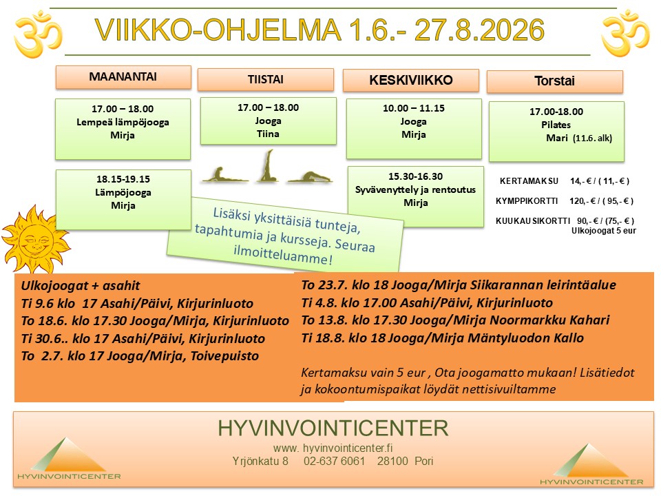 Hyvinvointicenterin viikkotunneilla pääset nauttimaan joogasta, pilateksesta ja Asahista niin salissa kuin ulkona luonnon keskellä.